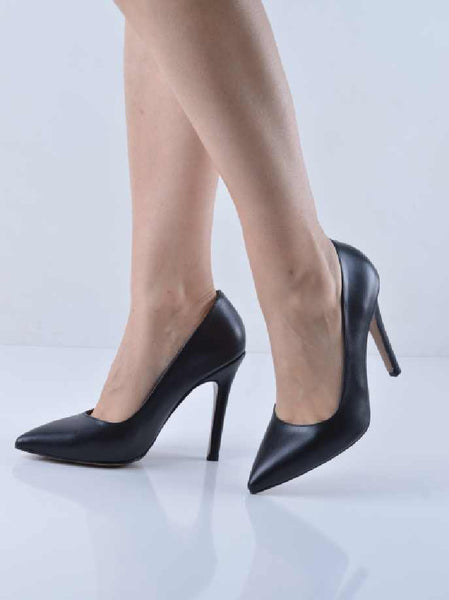 Siyah Cilt Stiletto İnce Topuk Ortopedik Taban Özelliği Mevcut
