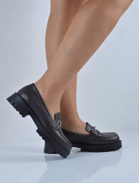 Kahverengi Hakiki Deri Hazır Taban Metal Takma Loafer