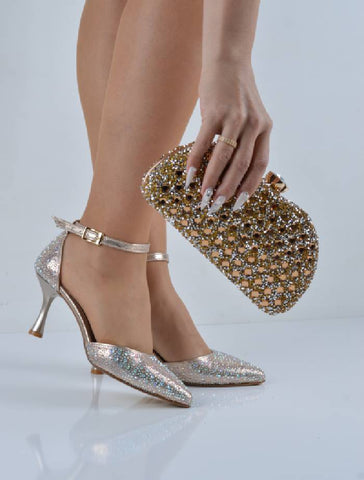Altın Sıvama Taşlı Bantlı Şampanya Topuklu Abiye Ayakkabı Çanta Takım