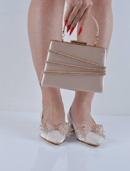 Ten Saten Fiyonklu Kısa Topuklu Abiye Babet Çanta Takım