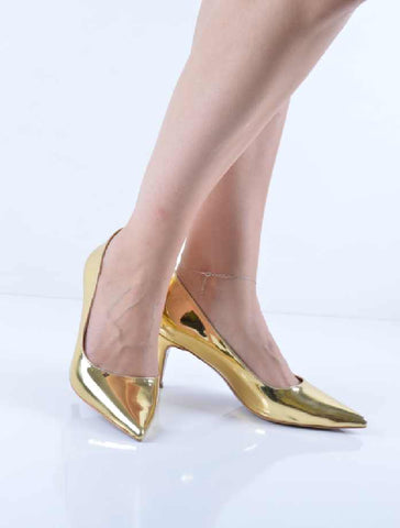Altın Ayna İnce Kısa Topuk Stiletto