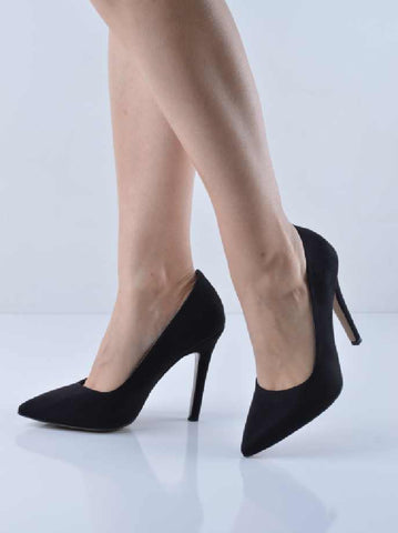 Siyah Süet Stiletto İnce Topuk Ortopedik Taban Özelliği Mevcut