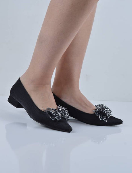 Siyah Saten Fiyonklu Kısa Topuklu Abiye Babet