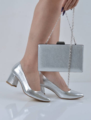 Gümüş Sıvama Kısa Topuklu Abiye Ayakkabı Çanta Takım