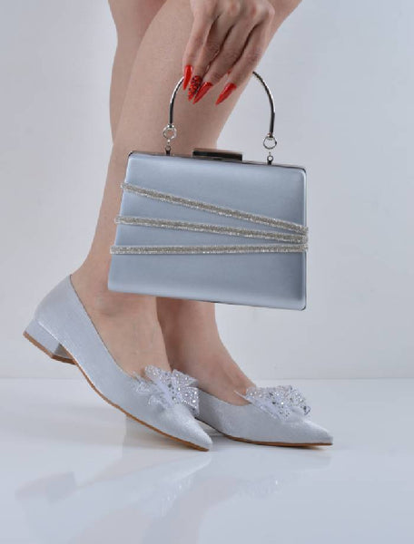 Gri Saten Fiyonklu Kısa Topuklu Abiye Babet Çanta Takım