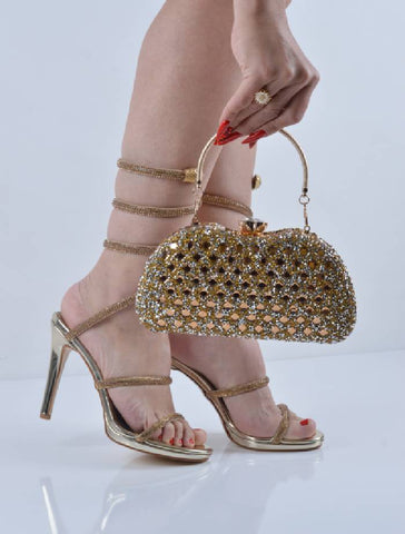 Altın Taşlı Bilekten Dolamalı İnce Topuklu Abiye Ayakkabı Çanta Takım