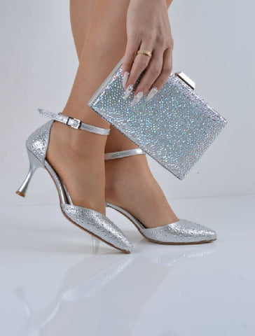 Gümüş Sıvama Taşlı Bantlı Şampanya Topuklu Abiye Ayakkabı Çanta Takım