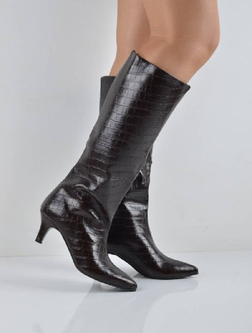 Kahverengi Kroko Rugan Kısa Topuklu Çizme