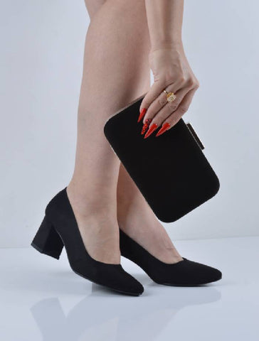 Siyah Süet Kare Topuklu Abiye Ayakkabı Çanta Takım