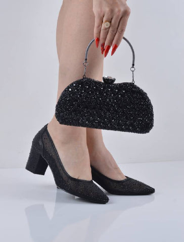 Siyah Tül Detaylı Kare Topuklu Abiye Ayakkabı Çanta Takım