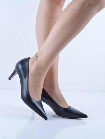 Siyah Cilt İnce Kısa Topuk Stiletto