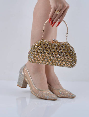 Altın Tül Detaylı Kare Topuklu Abiye Ayakkabı Çanta Takım
