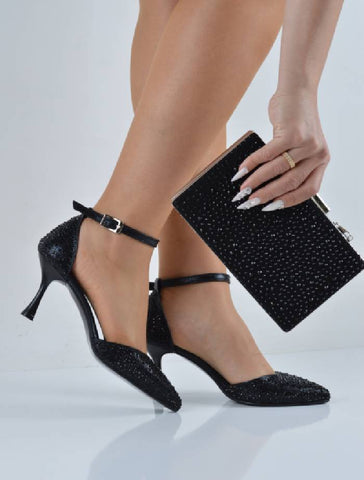 Siyah Sıvama Taşlı Bantlı Şampanya Topuklu Abiye Ayakkabı Çanta Takım