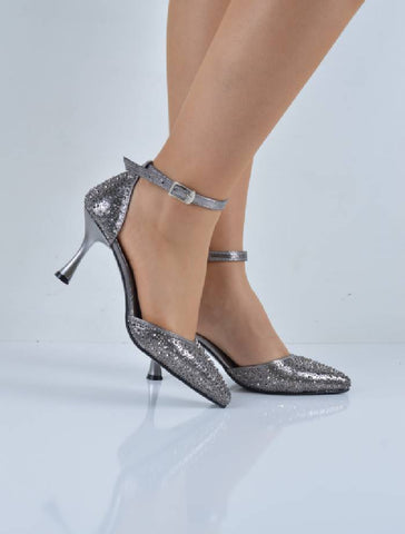 Vizon Sıvama Taşlı Bantlı Şampanya Topuklu Abiye Ayakkabı