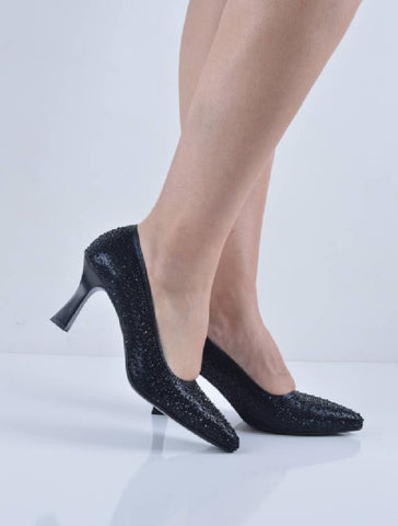 Siyah Sıvama Taşlı Şampanya Topuk Abiye Ayakkabı