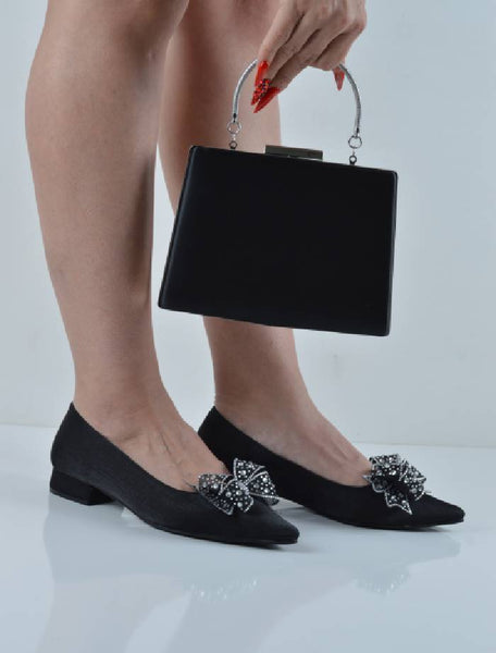 Siyah Saten Fiyonklu Kısa Topuklu Abiye Babet Çanta Takım