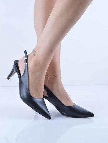 Siyah Cilt Arka Açık İnce Kısa Topuk Stiletto