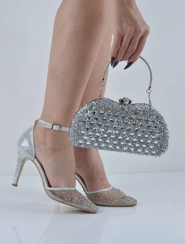 Gümüş Tül Detaylı Bantlı İnce Topuklu Abiye Ayakkabı Çanta Takım