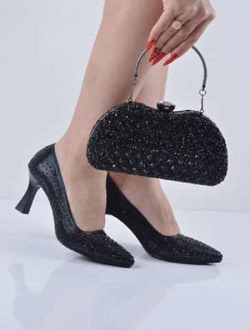 Siyah Sıvama Taşlı Şampanya Topuk Abiye Ayakkabı Çanta Takım