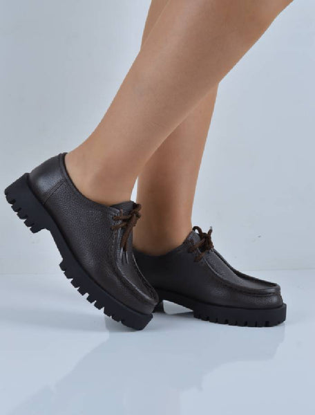 Siyah Hakiki Deri Bağlamalı Hazır Taban Loafer