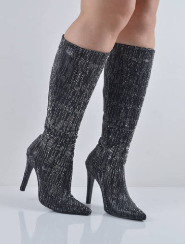 Siyah Taşlı İnce Topuklu Uzun Çizme