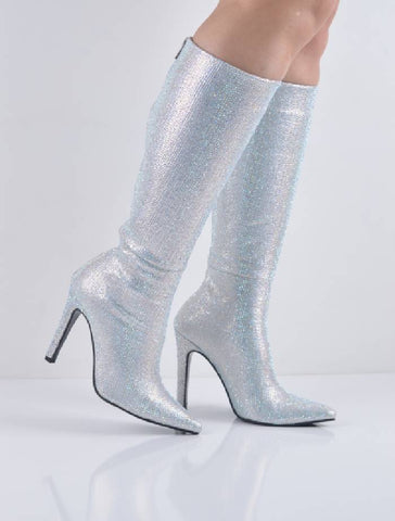 Gümüş Taşlı İnce Topuklu Uzun Çizme