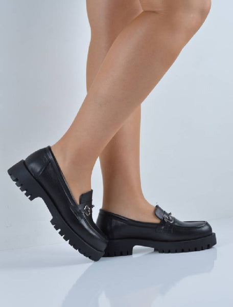 Siyah Hakiki Deri Hazır Taban Metal Takma Loafer
