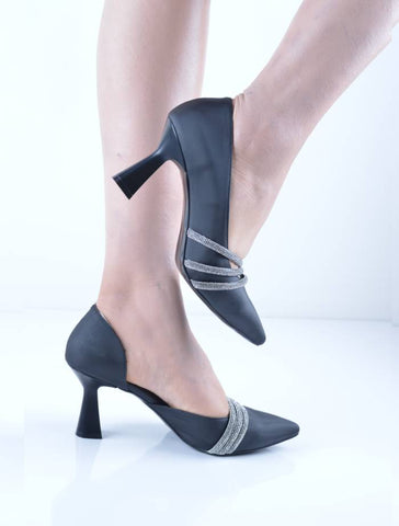 Siyah Şerit Taşlı Şampanya Topuk Stiletto Abiye Ayakkabı
