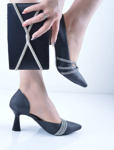 Siyah Şerit Taşlı Şampanya Topuk Stiletto Abiye Ayakkabı Çanta Takım