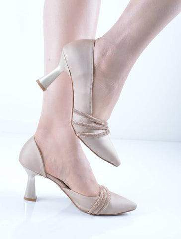 Ten Şerit Taşlı Şampanya Topuk Stiletto Abiye Ayakkabı