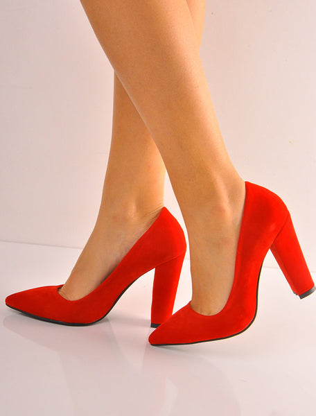 Kırmızı Süet Stiletto Kalın Topuklu Ayakkabı