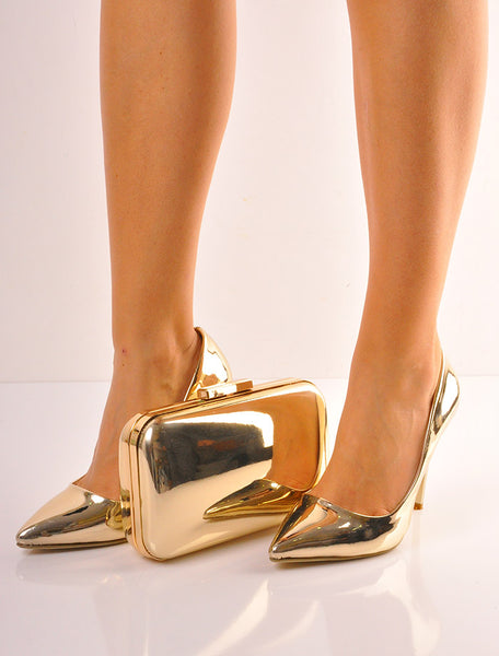 Altın Ayna Stiletto İnce Topuklu Ayakkabı Takım - Çanta