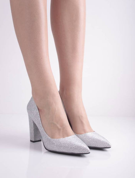 Gümüş Çizgili Stiletto Kalın Topuklu Ayakkabı